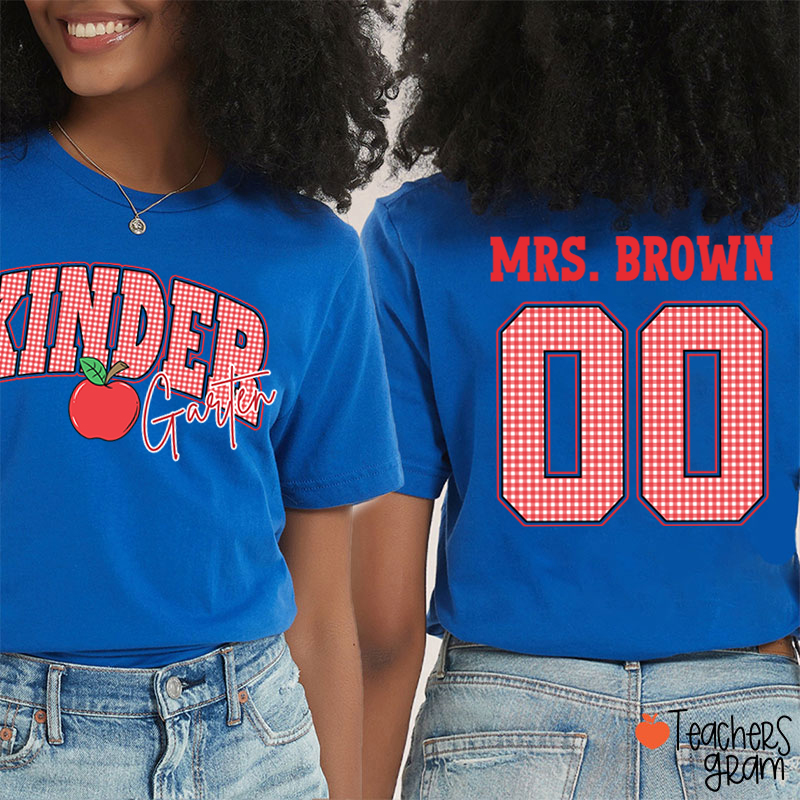 Personalized Grade And Name Checkered Letter Apple Teacher Two Sided T-Shirt
