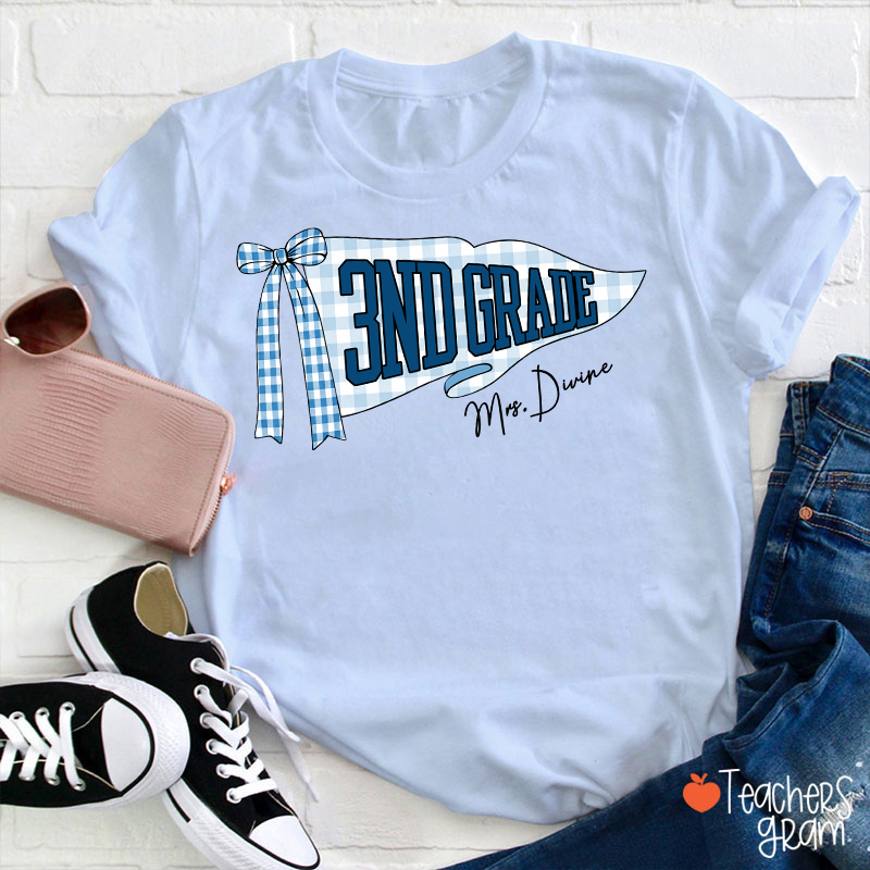 Personalized Grade And Name Gingham Bow Pennant Teacher T-Shirt