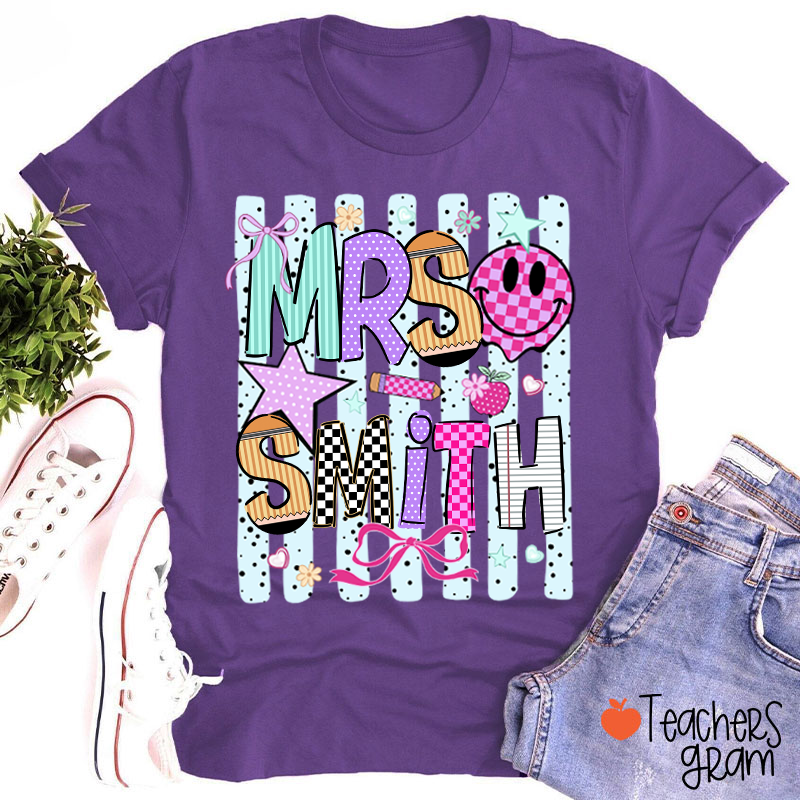 Personalized Grade Coquette Preppy Stripes Teacher T-Shirt