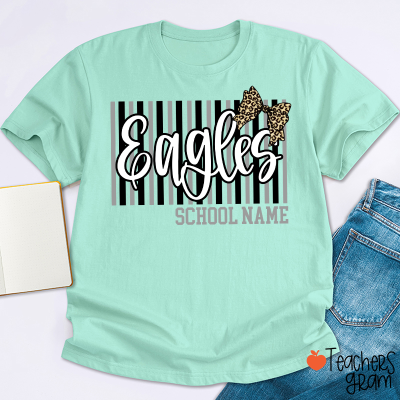 Personalized School Mascot Stripe Leopard Bow Teacher T-Shirt