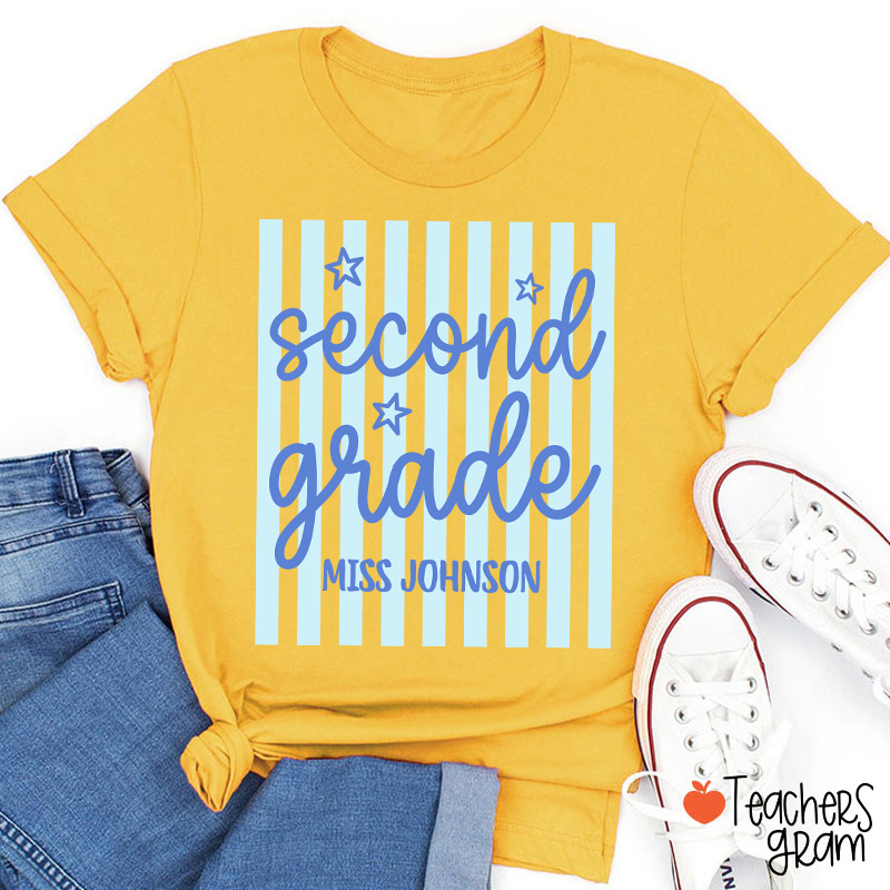 Personalized Grade Blue Gingham Stripes Teacher T-Shirt
