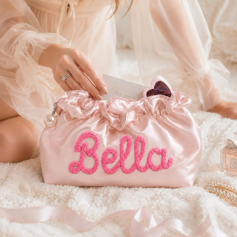 Personalized Chenille Name Satin Teacher Makeup Bag