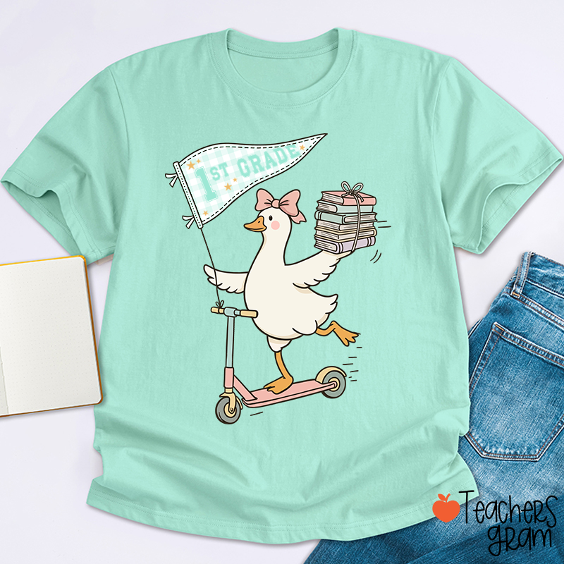 Personalized Grade Scooter Silly Goose Pennant Book Stack Teacher T-Shirt