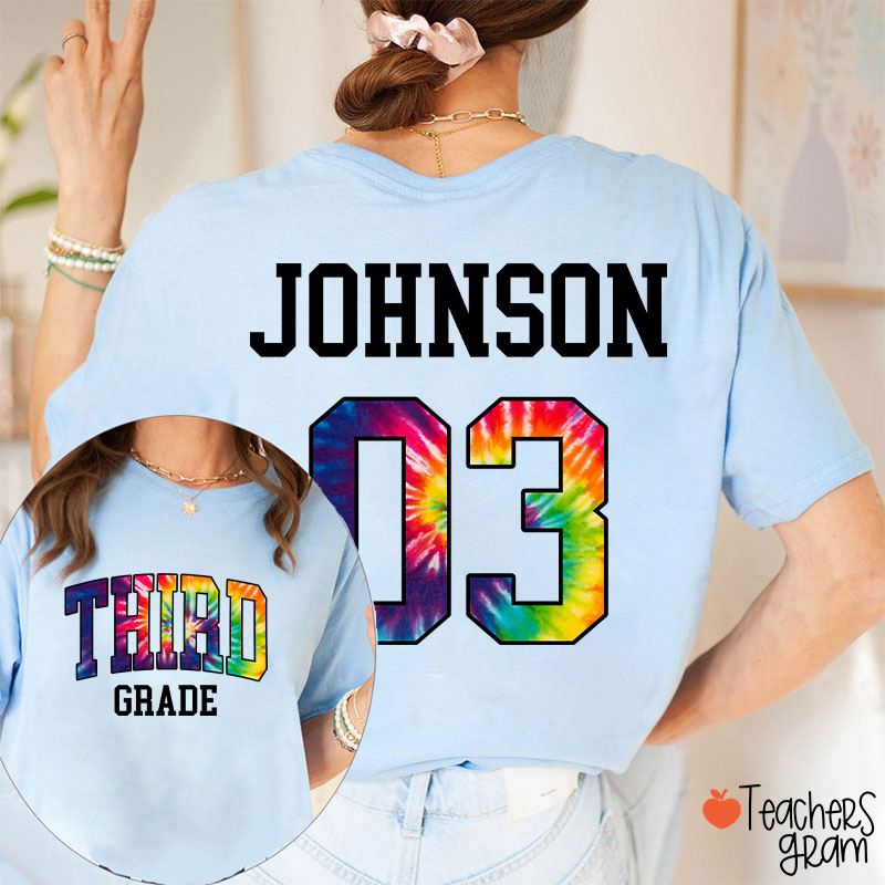 Personalized Grade And Name Tie-dye Letter Teacher Two Sided T-Shirt