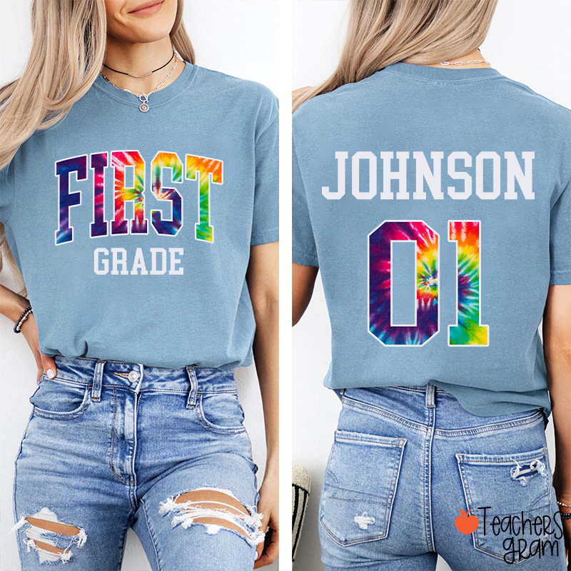 Personalized Grade And Name Tie-dye Letter Teacher Two Sided T-Shirt