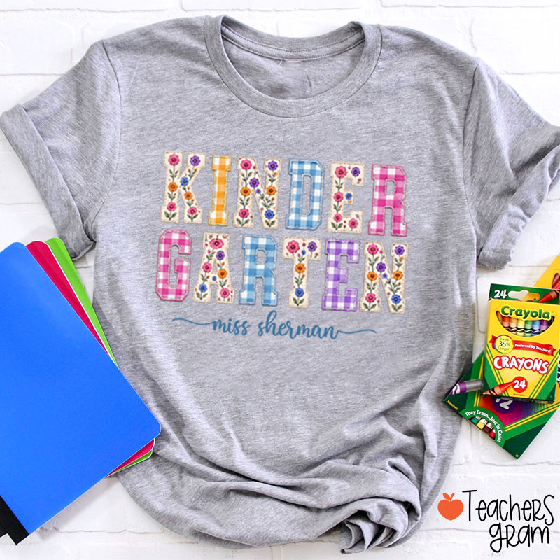 Personalized Name Floral Gingham Teacher T-Shirt
