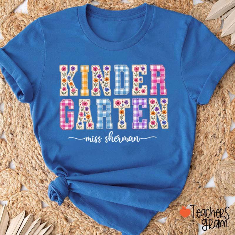 Personalized Name Floral Gingham Teacher T-Shirt