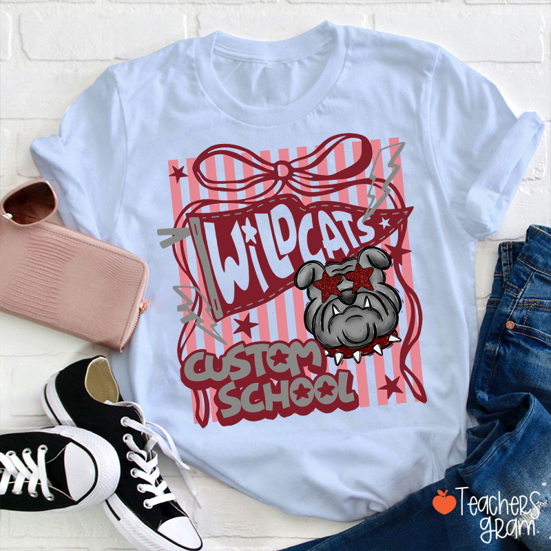 Personalized Mascot Coquette Bow Striped Teacher T-Shirt