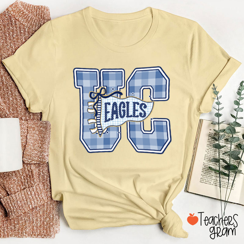 Personalized Mascot Gingham Varsity Letter Bow Teacher T-Shirt