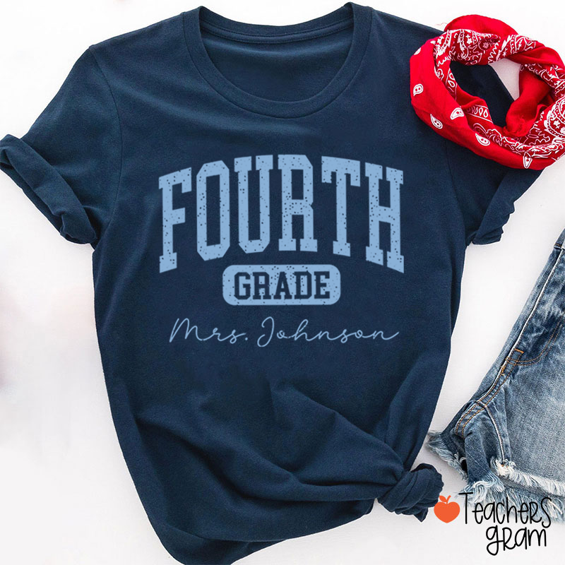 Personalized Name And Grade Vintage Distressed Varsity Letter Teacher T-Shirt