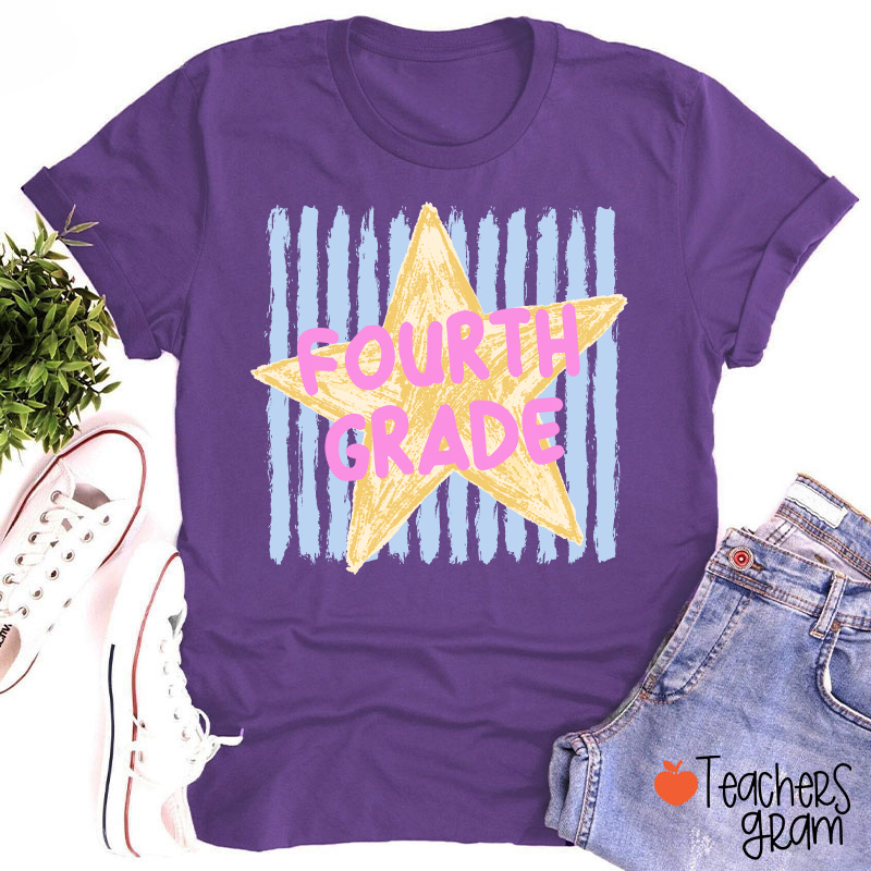 Personalized Grade Stripe Star Pattern Teacher T-Shirt