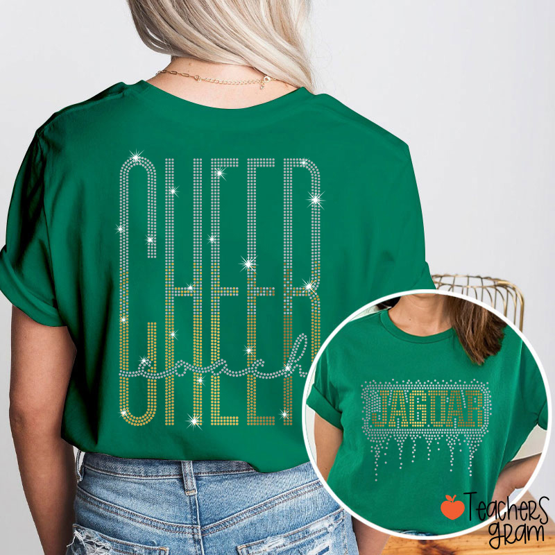 Personalized Mascot Cheer Drip Faux Rhinestone Teacher  Two Sided T-Shirt