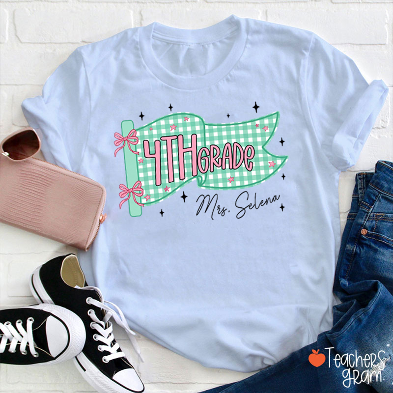 Personalized Name And Grade Gingham Pennant Bow Star Teacher T-Shirt