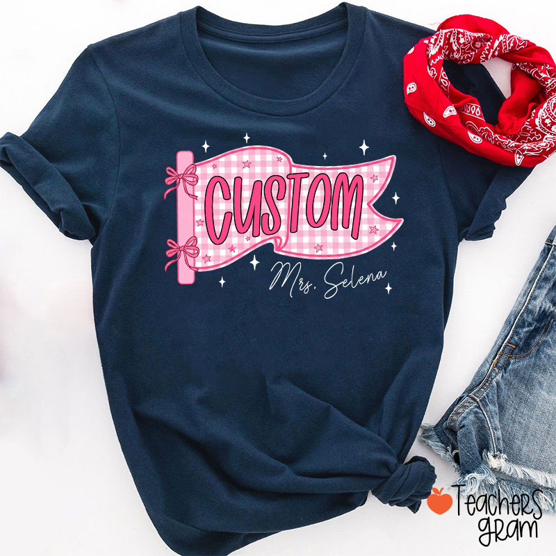 Personalized Name And Grade Gingham Pennant Bow Star Teacher T-Shirt