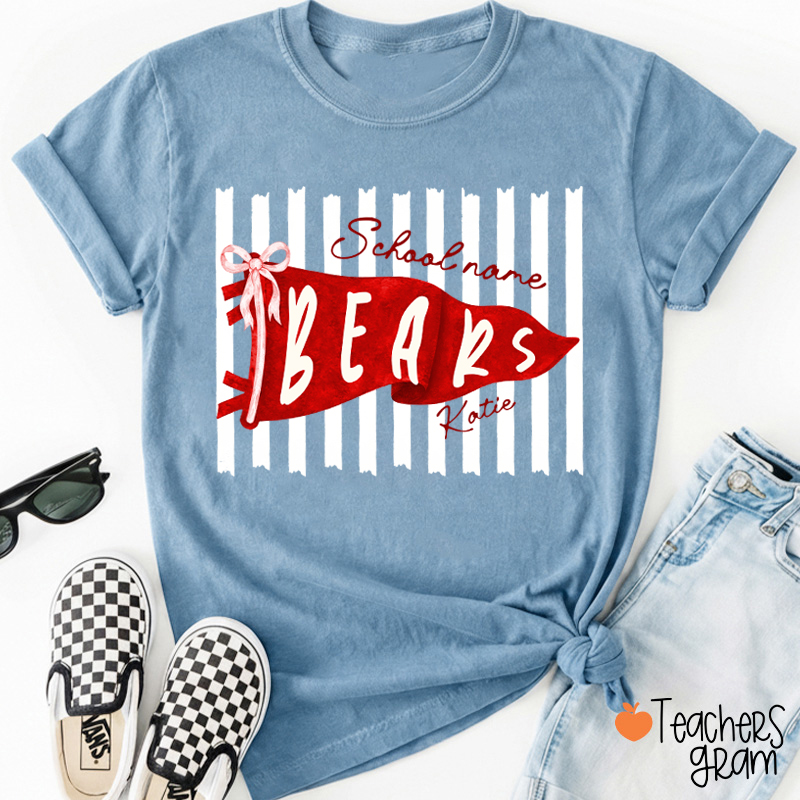Personalized Mascot School Spirit Stripes Pennant Teacher T-Shirt