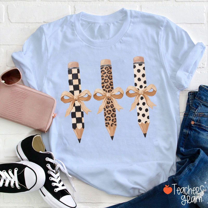 Checkerboard Leopard And Polka Dot Bow Pencil Teacher T-Shirt