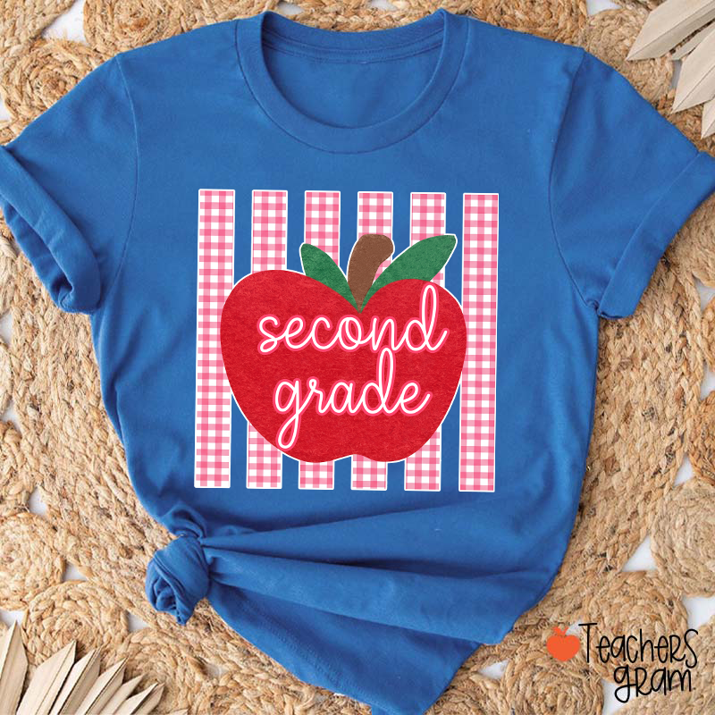 Personalized Grade Gingham Apple Teacher T-Shirt