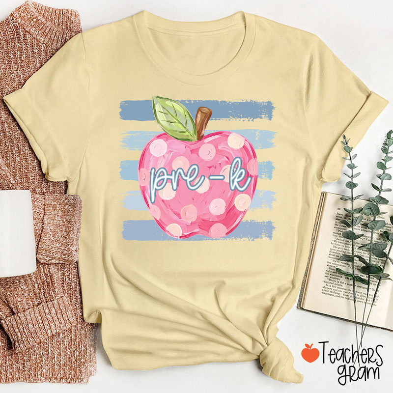 Personalized Grade Pink Polka Dot Apple Blue Brush Stripe Teacher T-Shirt
