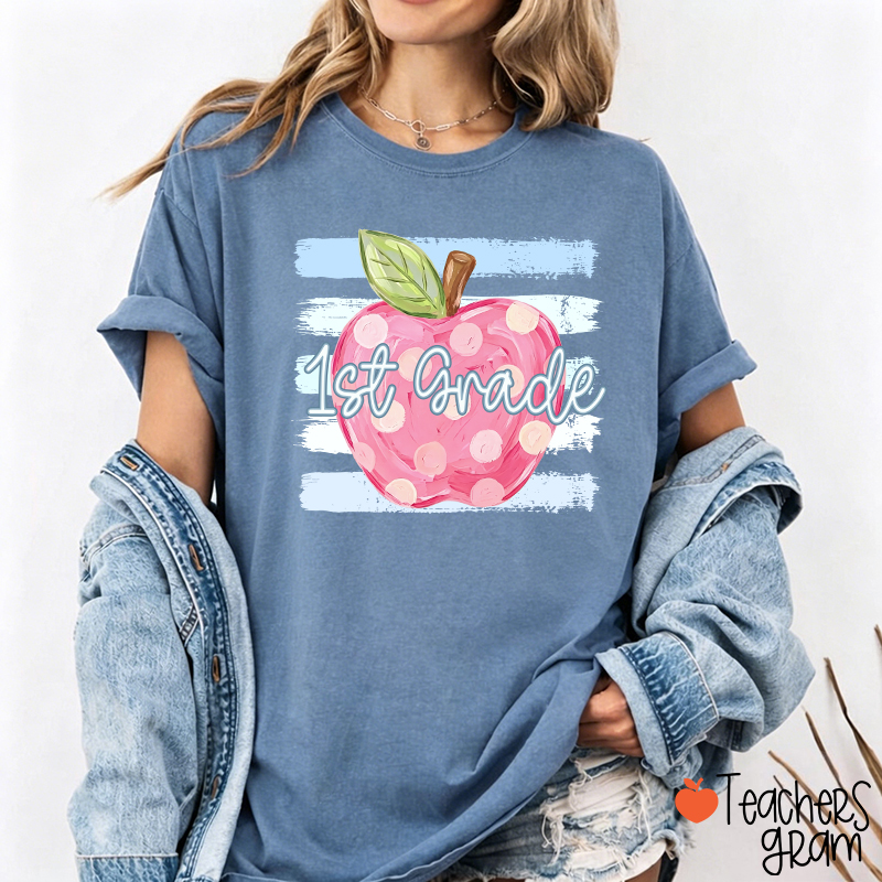Personalized Grade Pink Polka Dot Apple Blue Brush Stripe Teacher T-Shirt