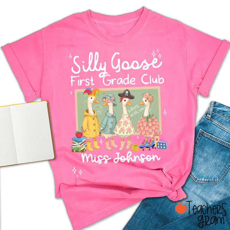 Personalized Grade Name Silly Goose Cartoon Classroom Print Teacher T-Shirt