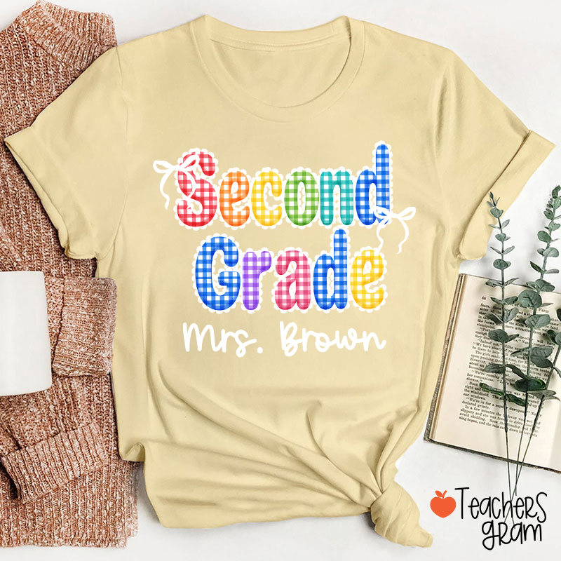 Personalized Grade Name Rainbow Gingham Teacher T-Shirt