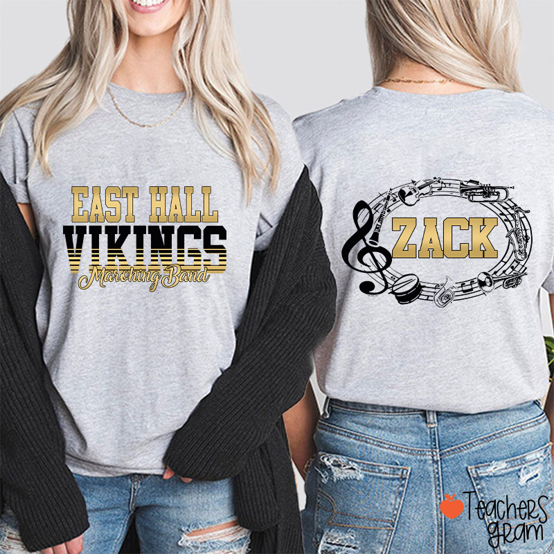 Personalized Band Music Note Mascot Two Sided Teacher T-Shirt