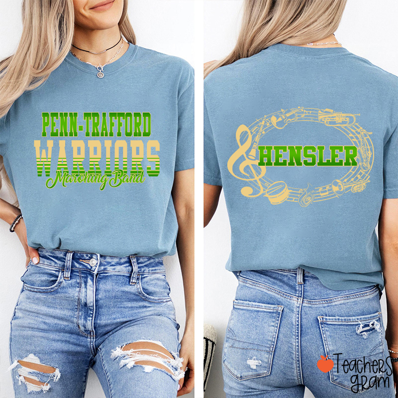 Personalized Band Music Note Mascot Two Sided Teacher T-Shirt
