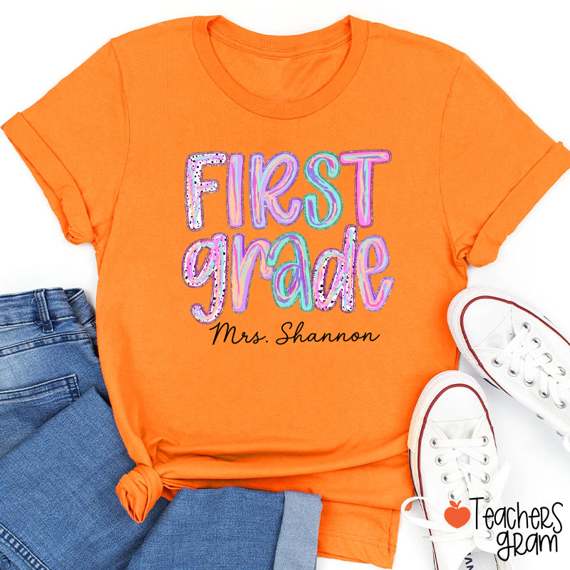 Personalized Grade Rainbow Doodle Name Teacher T-Shirt