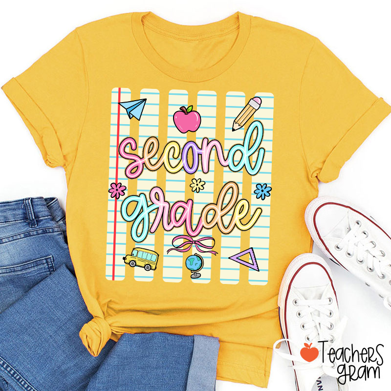 Personalized Grade Notebook Stripes Cute Icons Teacher T-Shirt