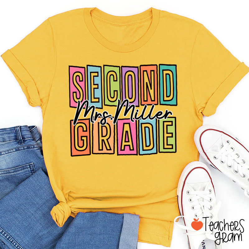 Personalized Name And Grade Colorful Block Letter Cursive Script Teacher T-Shirt
