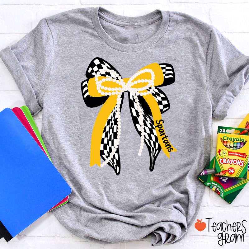 Personalized Mascot Cute Bow School Spirit Graphic Teacher T‑Shirt