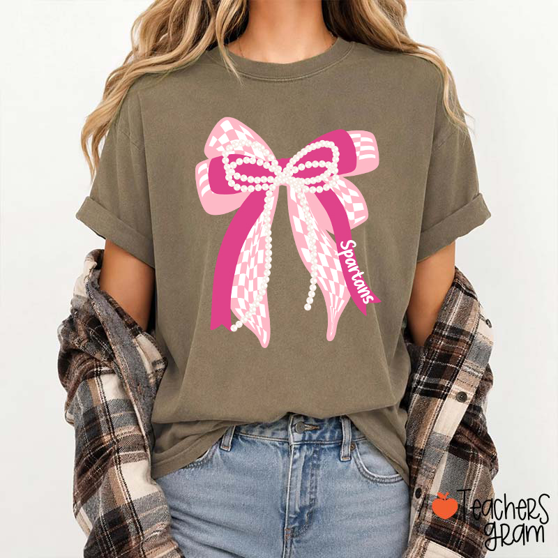 Personalized Mascot Cute Bow School Spirit Graphic Teacher T‑Shirt