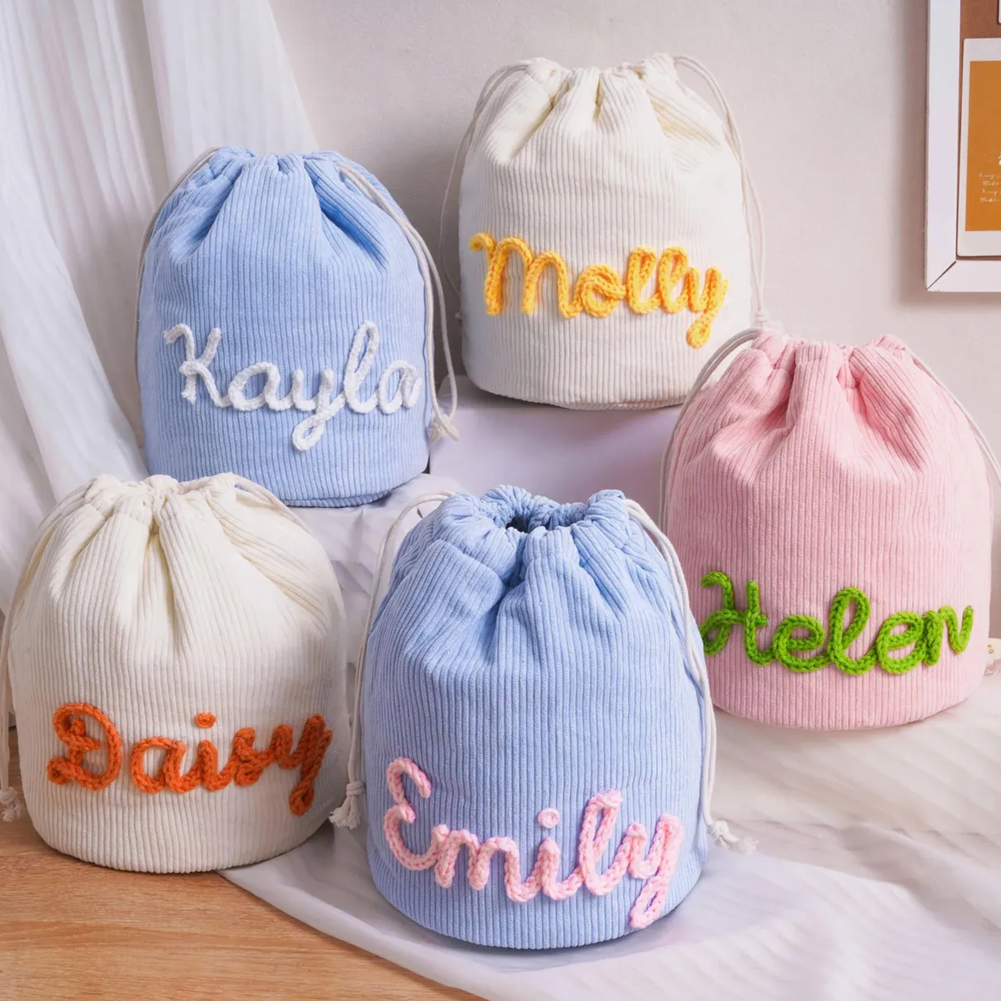 Personalized Embroidered Corduroy Cylindrical Makeup Bag