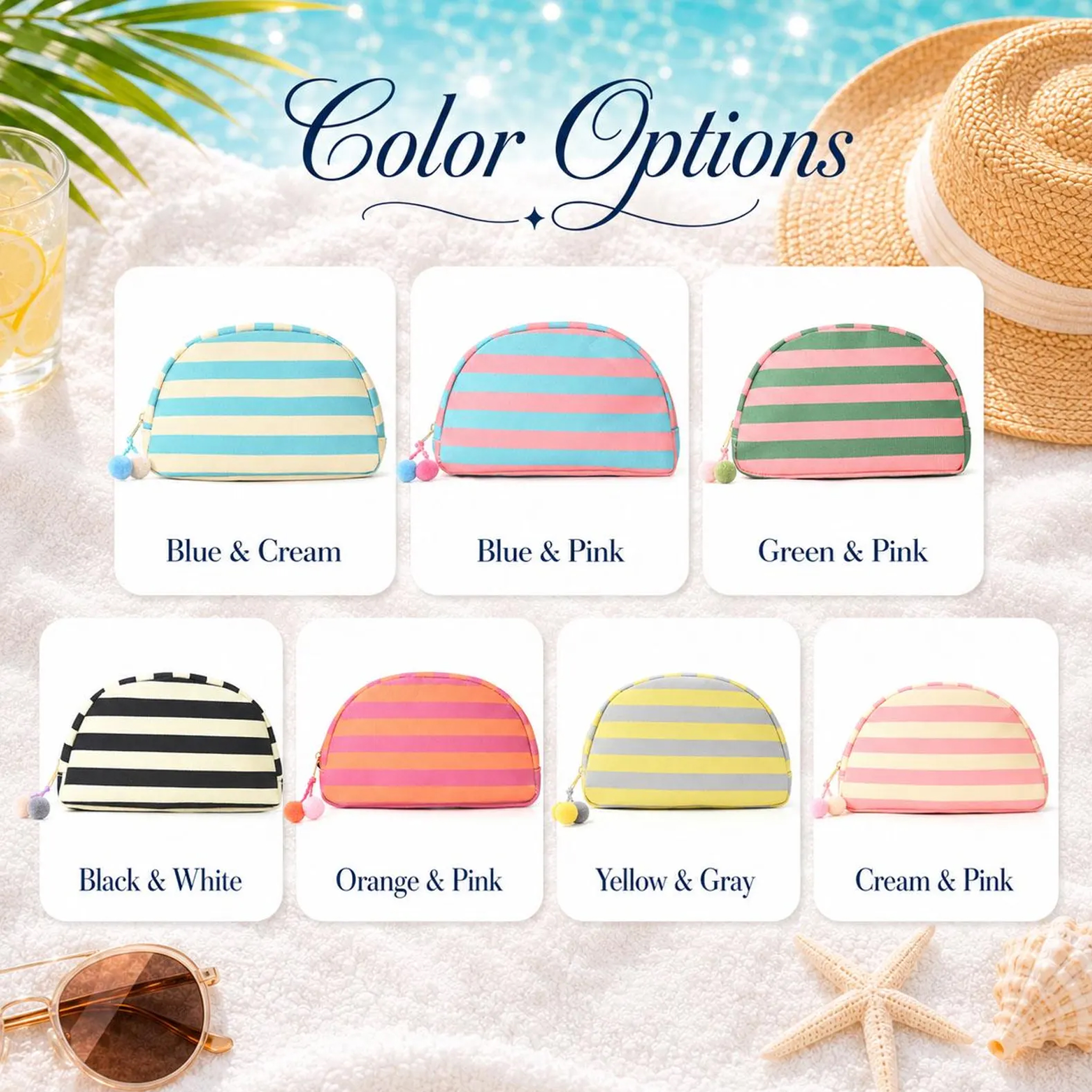 Personalized Embroidered Striped Shell Makeup Bag