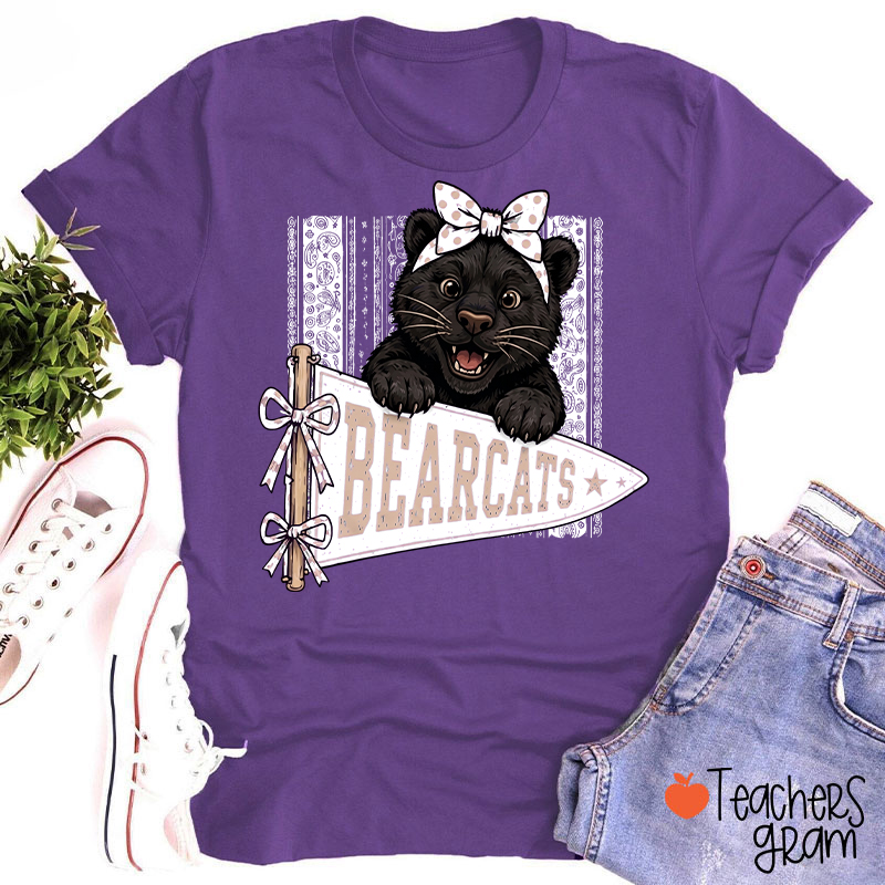 Personalized Mascot Bow Pennant Paisley Striped Graphic Teacher T‑Shirt