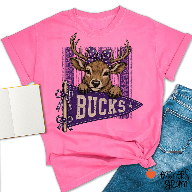 Personalized Mascot Bow Pennant Paisley Striped Graphic Teacher T‑Shirt