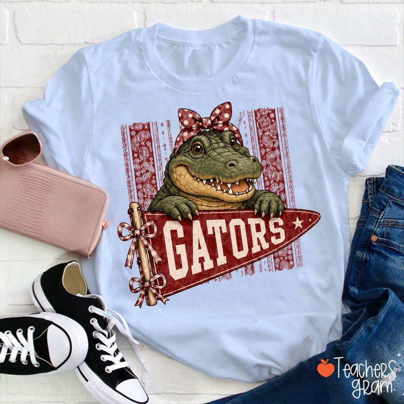 Personalized Mascot Bow Pennant Paisley Striped Graphic Teacher T‑Shirt