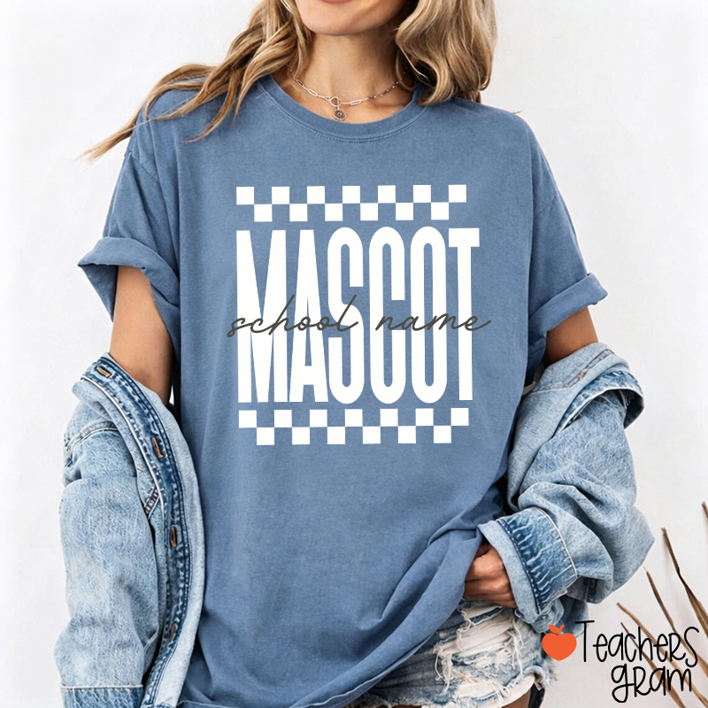 Personalized Mascot Sport Checkered Script Teacher T-Shirt