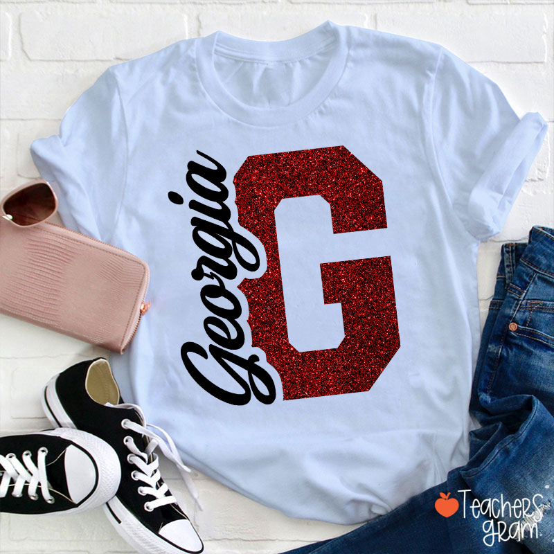 Personalized Mascot Initial Glitter Print Puff Printed Teacher T‑Shirt