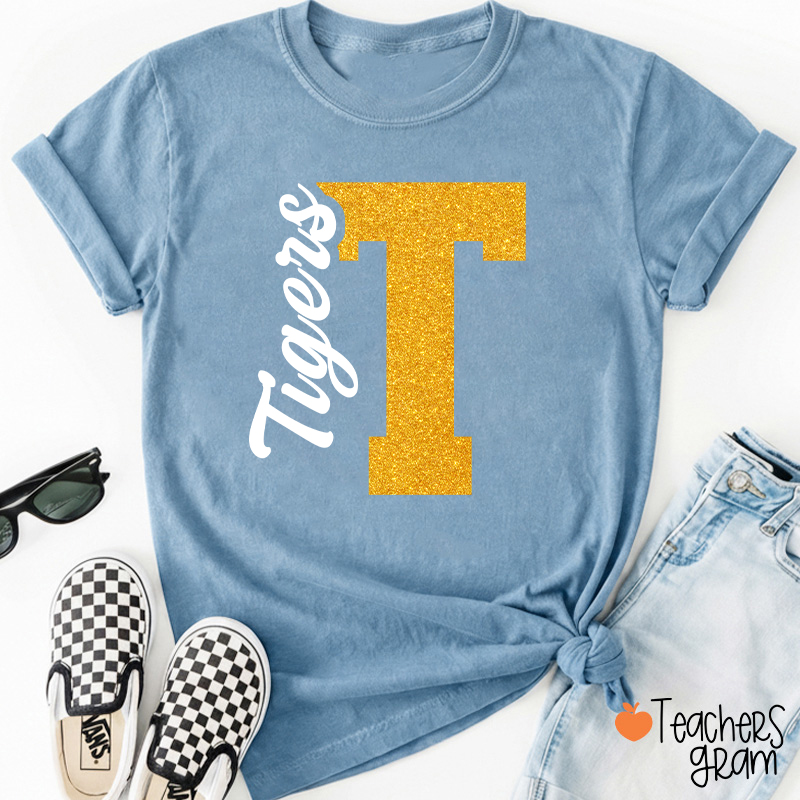 Personalized Mascot Initial Glitter Print Puff Printed Teacher T‑Shirt