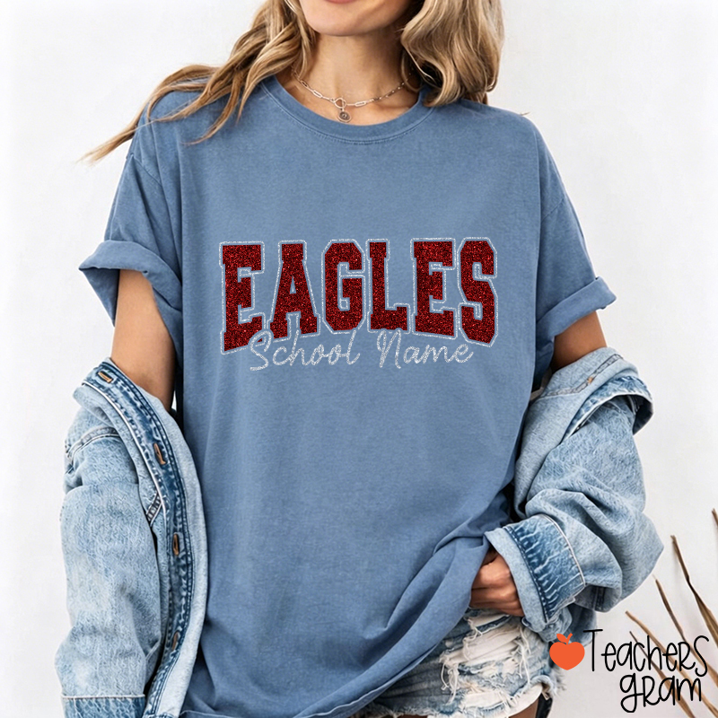 Personalized Mascot School Name Glitter Teacher T‑Shirt