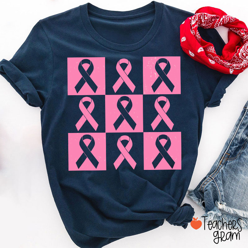 Pink Ribbon Breast Cancer Awareness Teacher T-Shirt