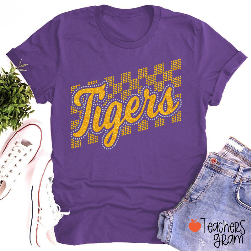 Personalized Mascot Glitter Checkered Script Teacher T‑Shirt