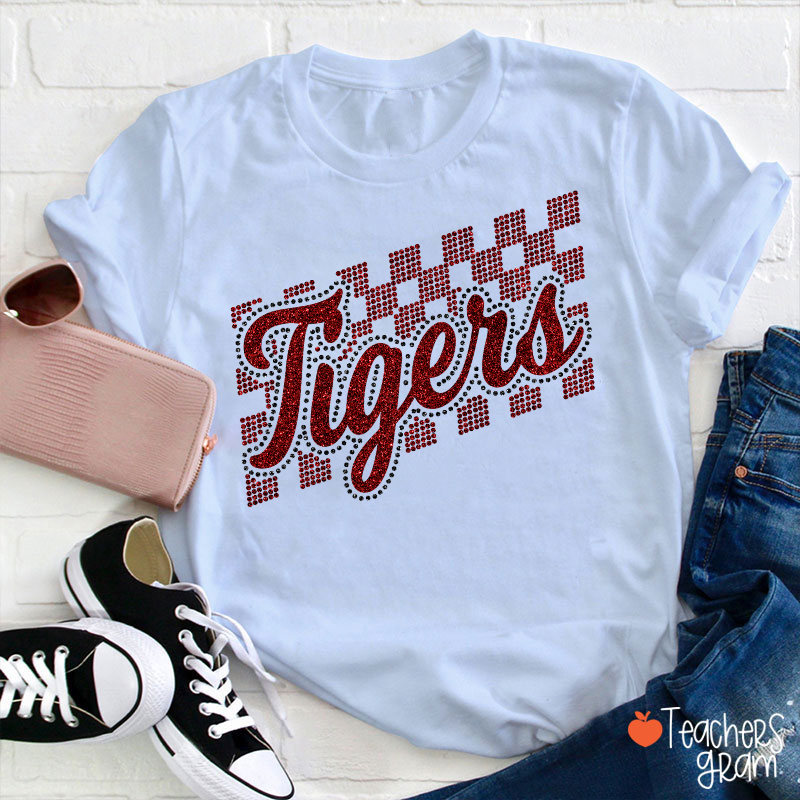 Personalized Mascot Glitter Checkered Script Teacher T‑Shirt