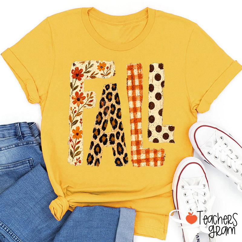 Vintage Patchwork Fall Letter Teacher T‑Shirt