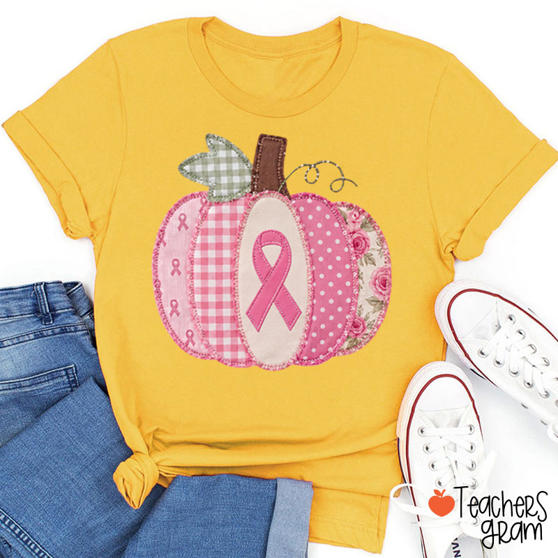 Pink Faux Patchwork Pumpkin Ribbon Teacher T‑Shirt