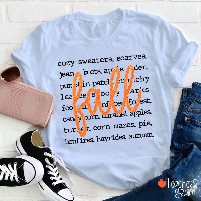 Glitter Fall Autumn Word List Teacher T‑Shirt