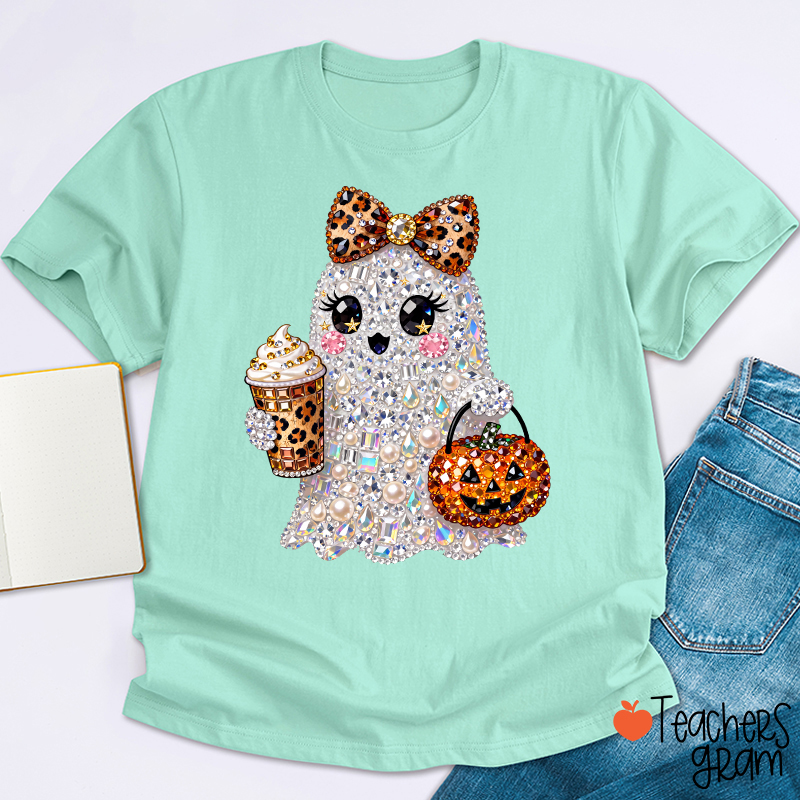 Faux Rhinestone Ghost Leopard Bow Coffee Pumpkin Teacher T-Shirt