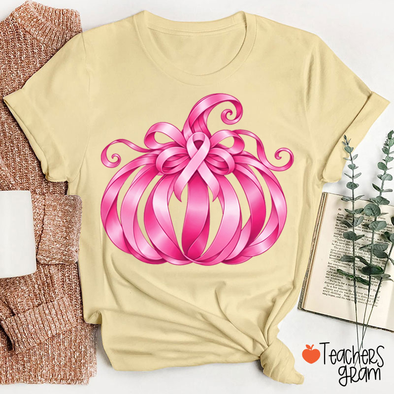Pink Ribbon Bow Pumpkin Fall Teacher T-Shirt