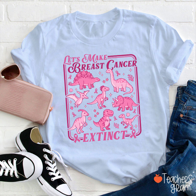Breast Cancer Extinct Dinosaur Pink Ribbon Support Teacher T-Shirt